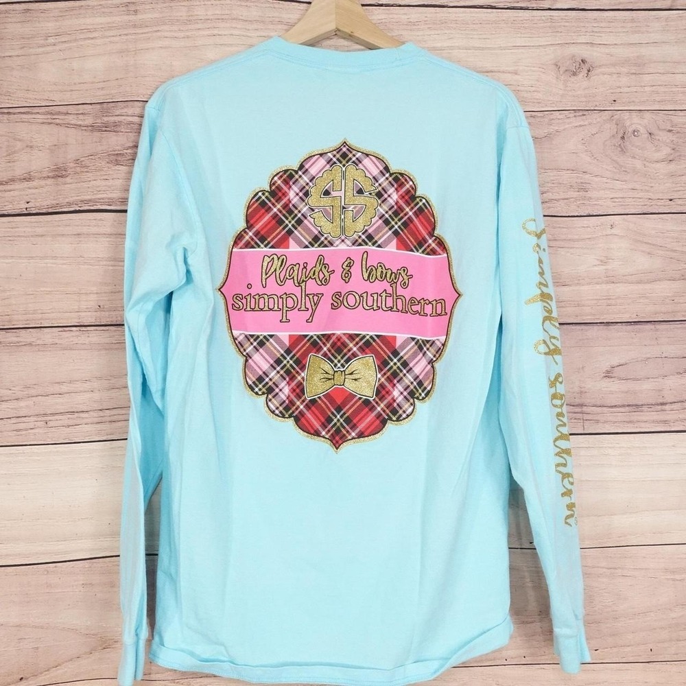Simply Southern T-Shirt Womens M Blue‎ Plaids & Bows Long Sleeve Graphic Top